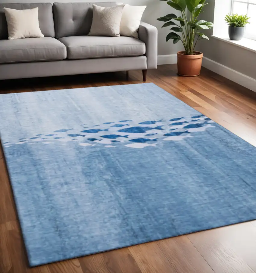 Blue And Ivory Nautical Washable Area Rug With UV Protection Photo 2