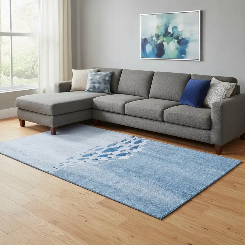 Blue And Ivory Nautical Washable Area Rug With UV Protection Photo 1