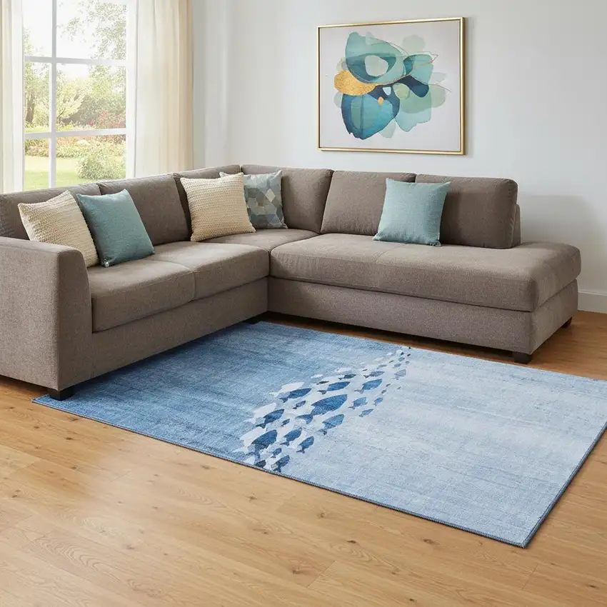 Blue And Ivory Nautical Washable Area Rug With UV Protection Photo 1