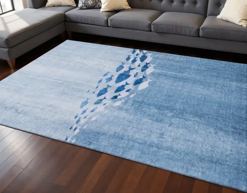 Blue And Ivory Nautical Washable Area Rug With UV Protection Photo 2