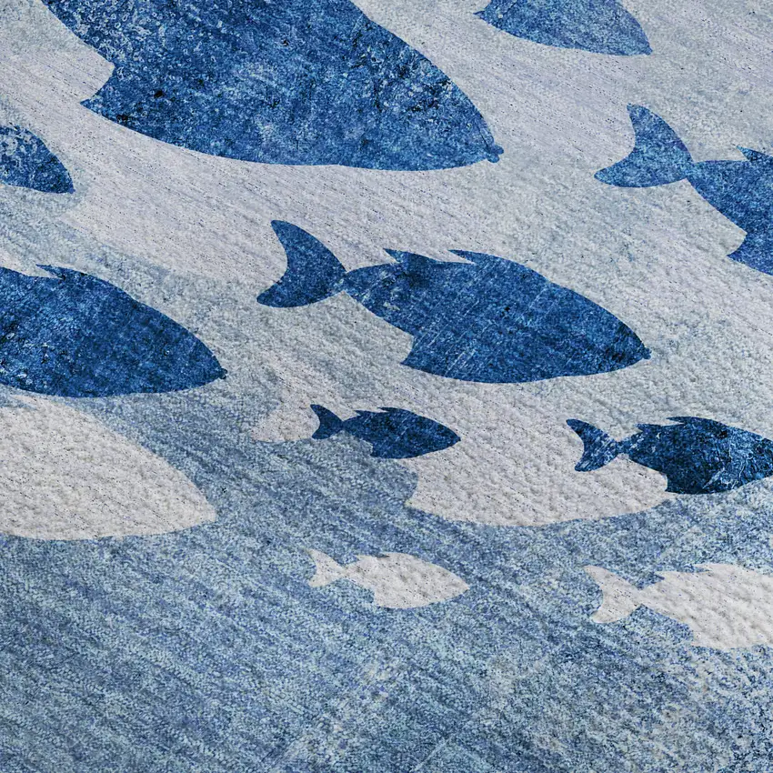 Blue And Ivory Nautical Washable Area Rug With UV Protection Photo 5