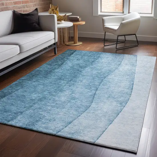 Blue And Ivory Ombre Washable Area Rug With UV Protection Photo 3
