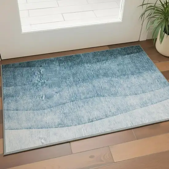 Blue And Ivory Ombre Washable Area Rug With UV Protection Photo 2