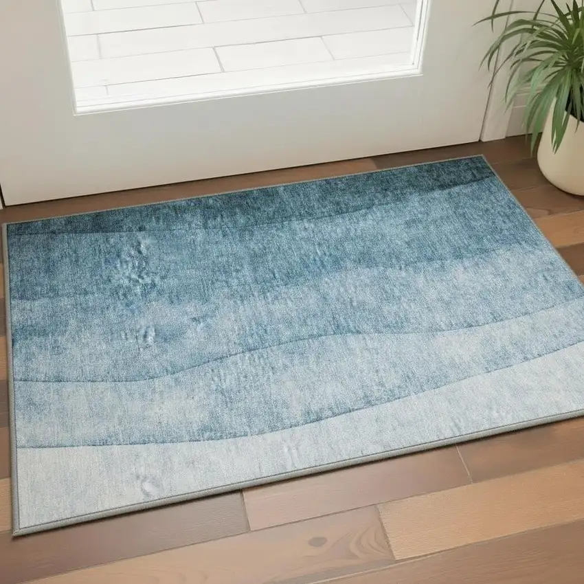 Blue And Ivory Ombre Washable Area Rug With UV Protection Photo 2