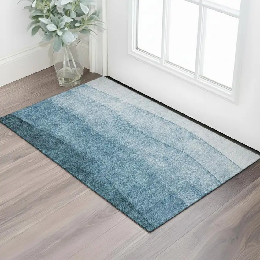 Blue And Ivory Ombre Washable Area Rug With UV Protection Photo 1