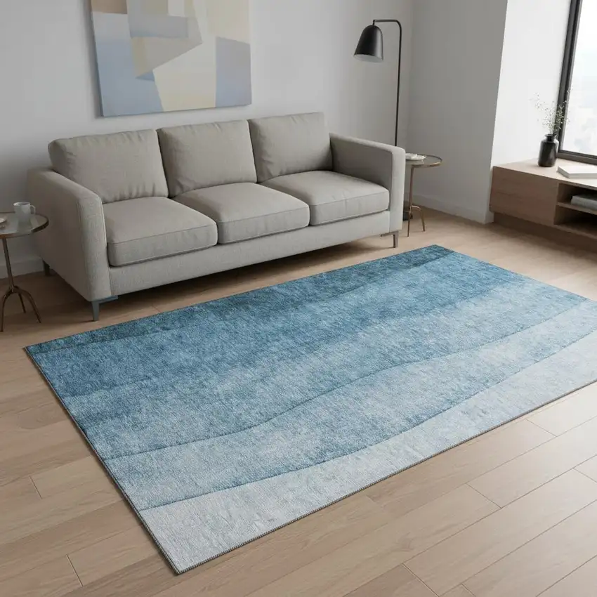 Blue And Ivory Ombre Washable Area Rug With UV Protection Photo 2