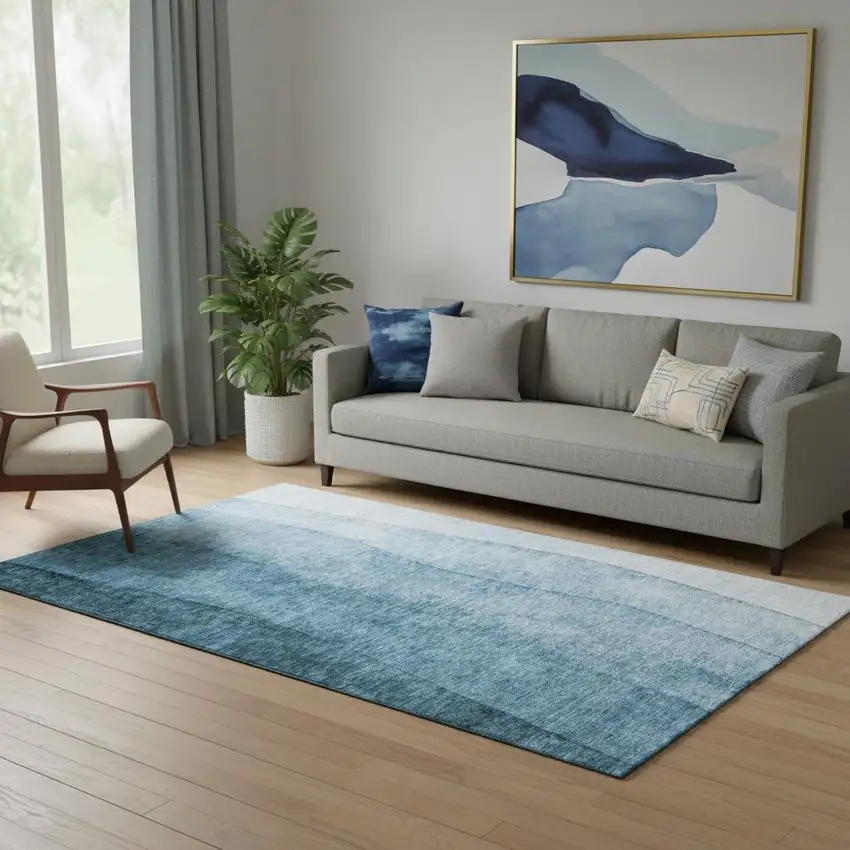 Blue And Ivory Ombre Washable Area Rug With UV Protection Photo 1