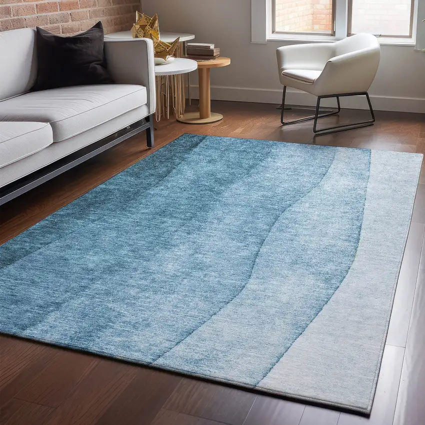 Blue And Ivory Ombre Washable Area Rug With UV Protection Photo 3