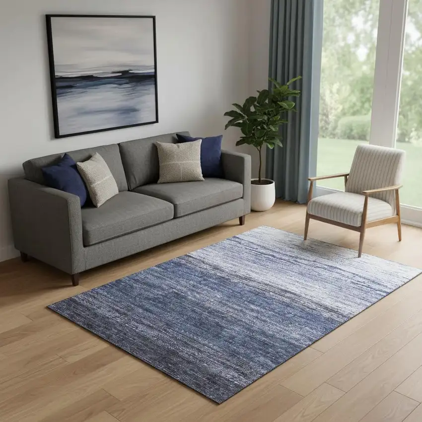 Blue And Ivory Ombre Washable Area Rug With UV Protection Photo 1