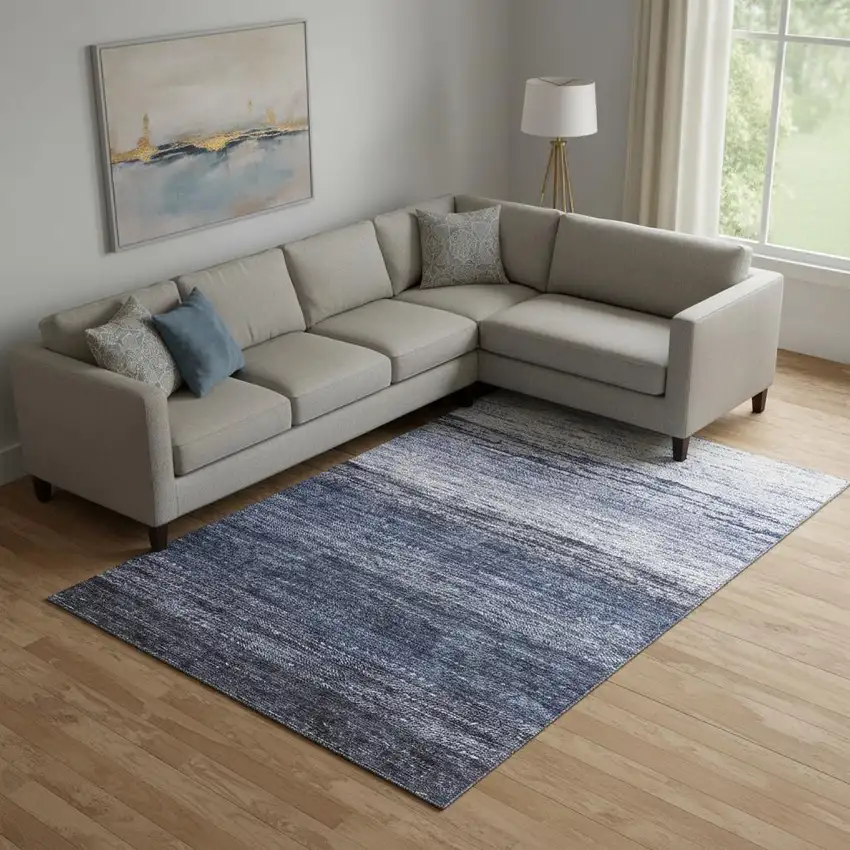 Blue And Ivory Ombre Washable Area Rug With UV Protection Photo 1