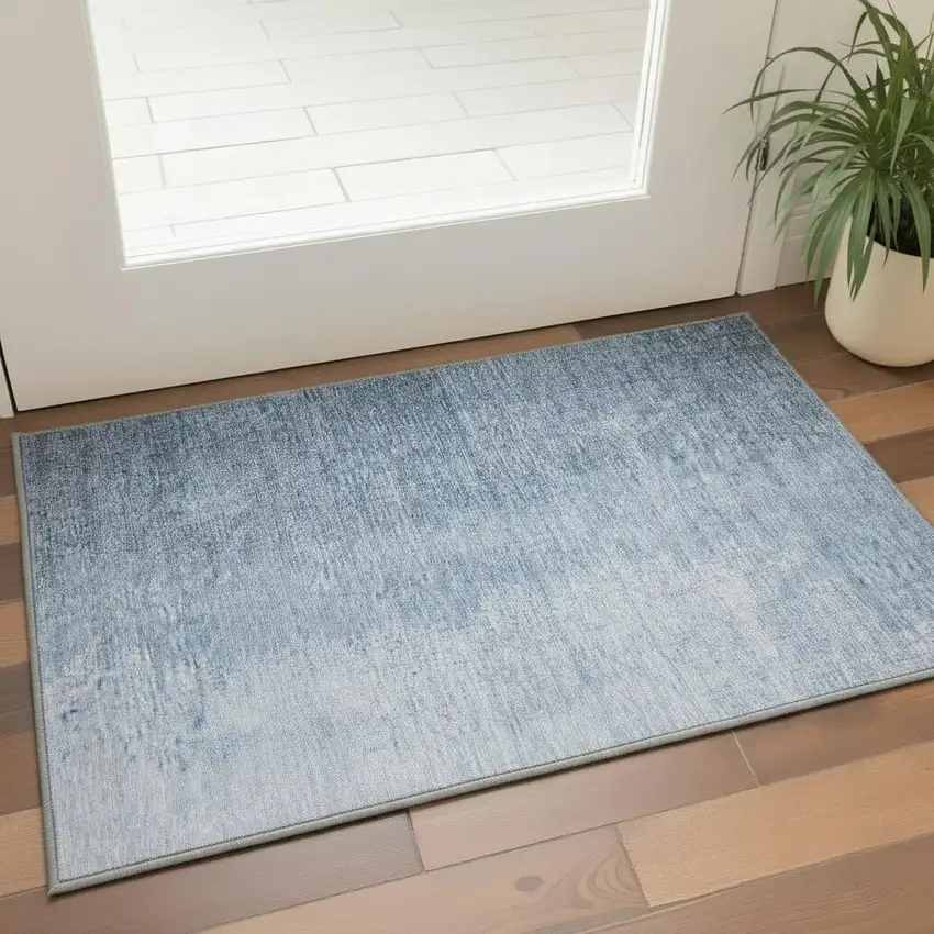 Blue And Ivory Ombre Washable Area Rug With UV Protection Photo 2