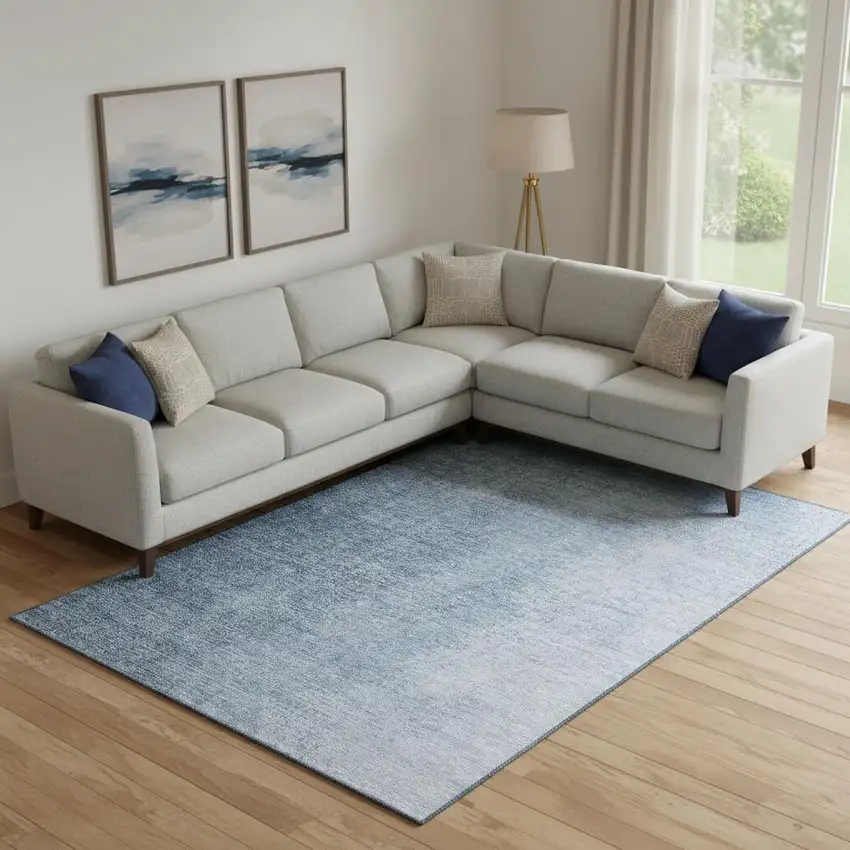 Blue And Ivory Ombre Washable Area Rug With UV Protection Photo 1