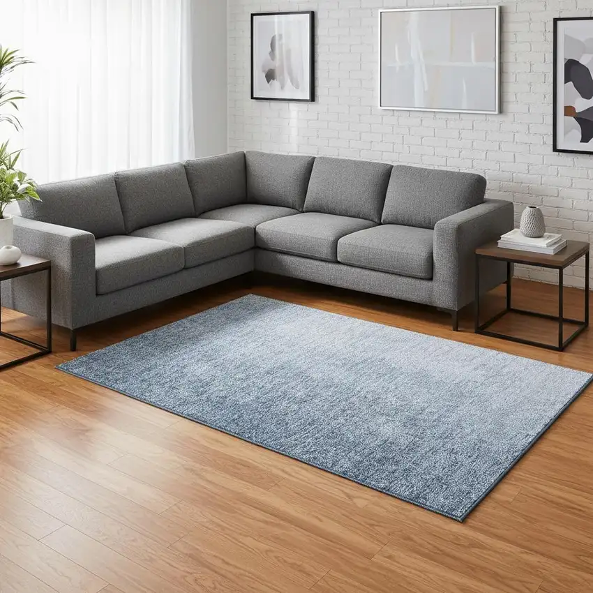 Blue And Ivory Ombre Washable Area Rug With UV Protection Photo 2