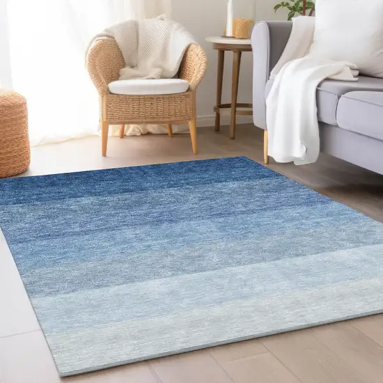 Blue And Ivory Ombre Washable Area Rug With UV Protection Photo 4