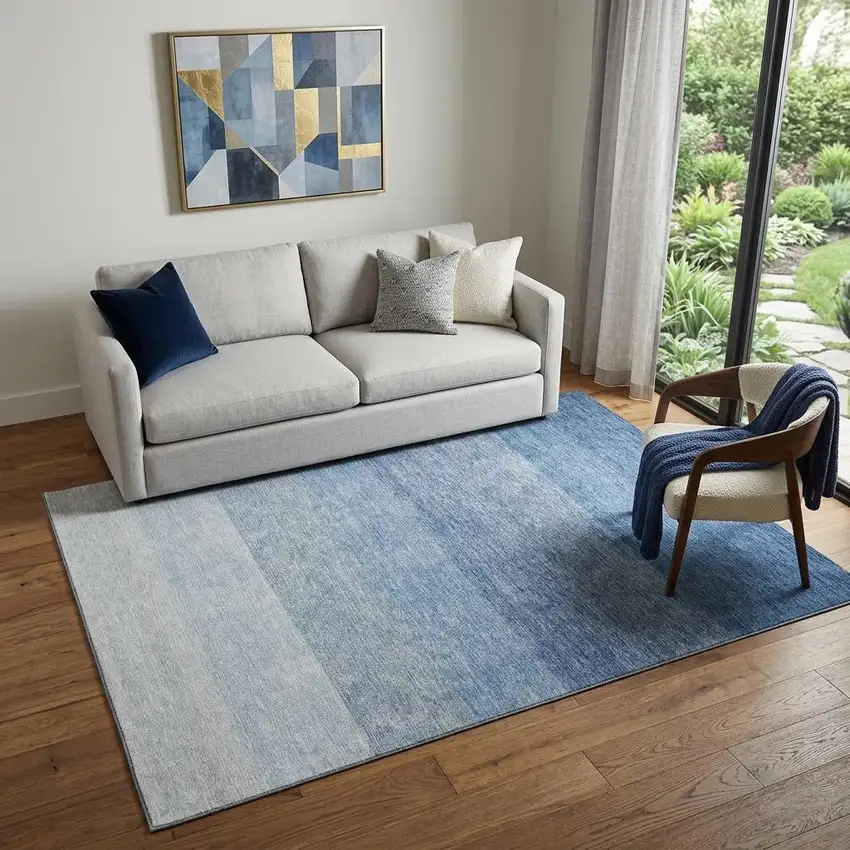 Blue And Ivory Ombre Washable Area Rug With UV Protection Photo 1