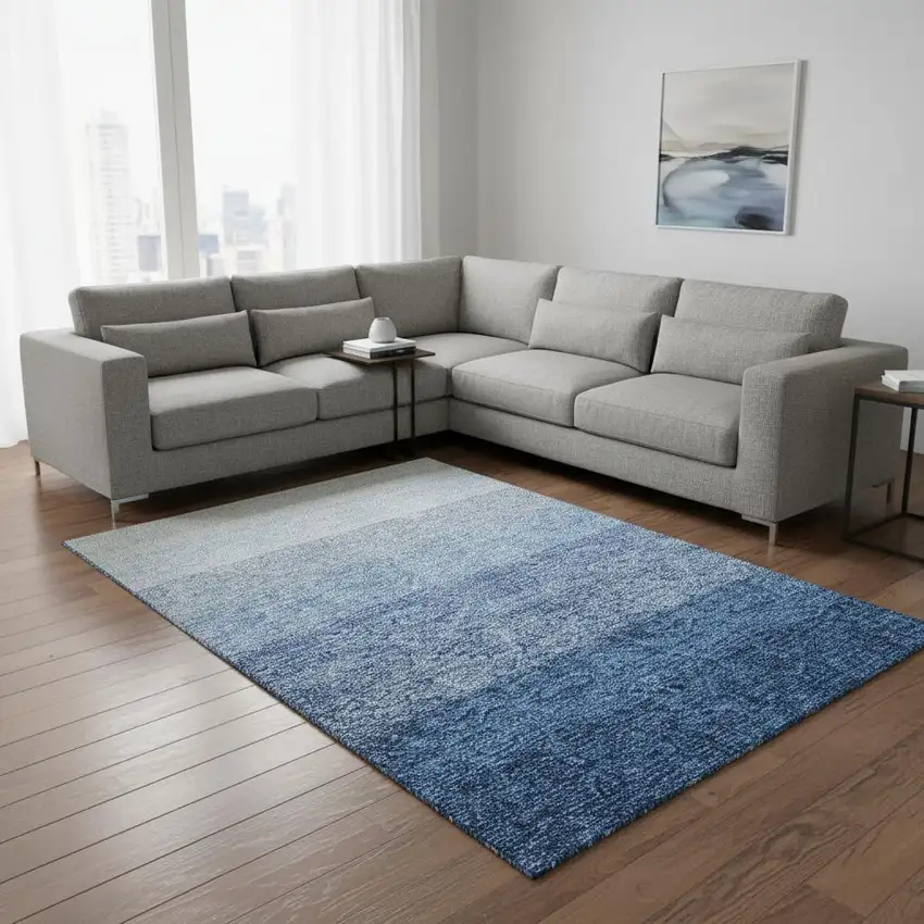 Blue And Ivory Ombre Washable Area Rug With UV Protection Photo 2