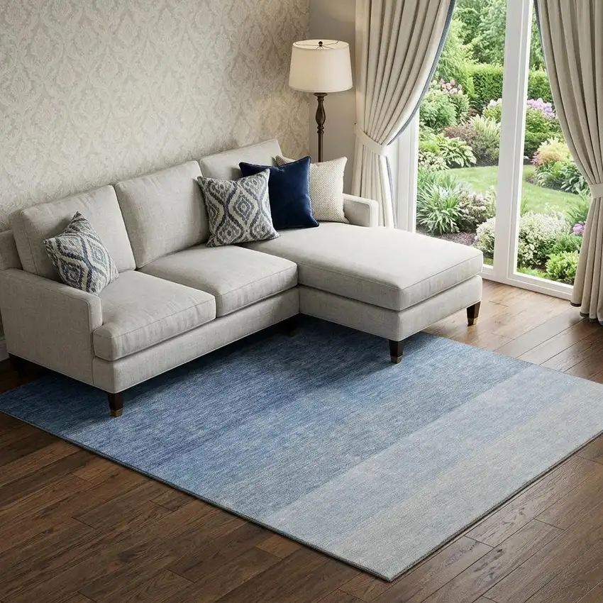 Blue And Ivory Ombre Washable Area Rug With UV Protection Photo 1