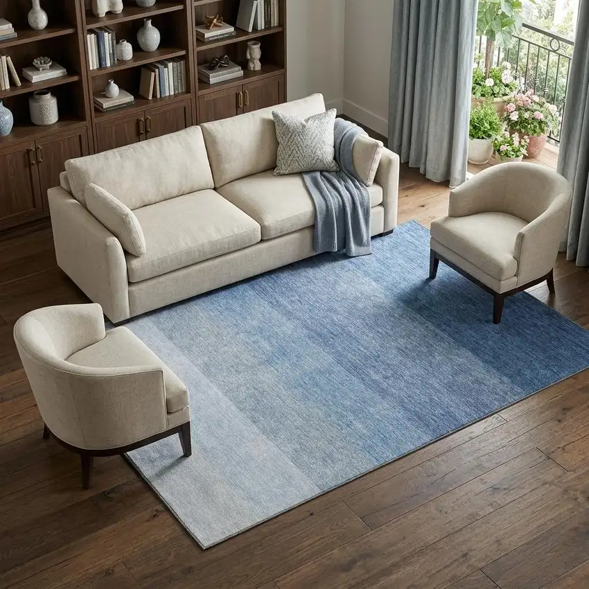 Blue And Ivory Ombre Washable Area Rug With UV Protection Photo 1