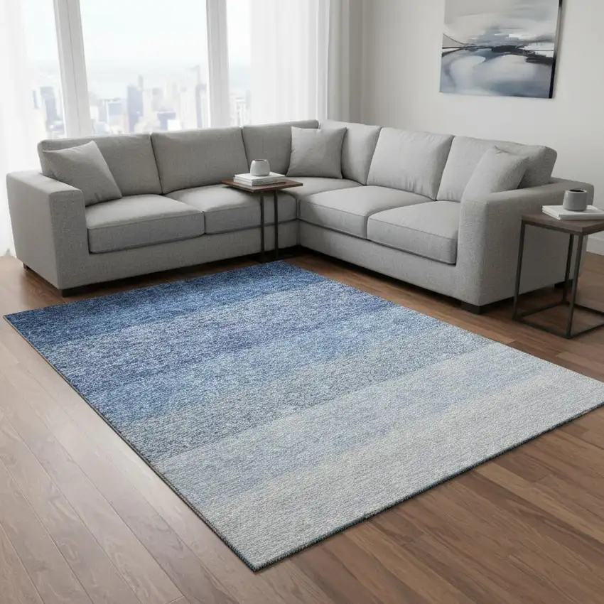 Blue And Ivory Ombre Washable Area Rug With UV Protection Photo 2