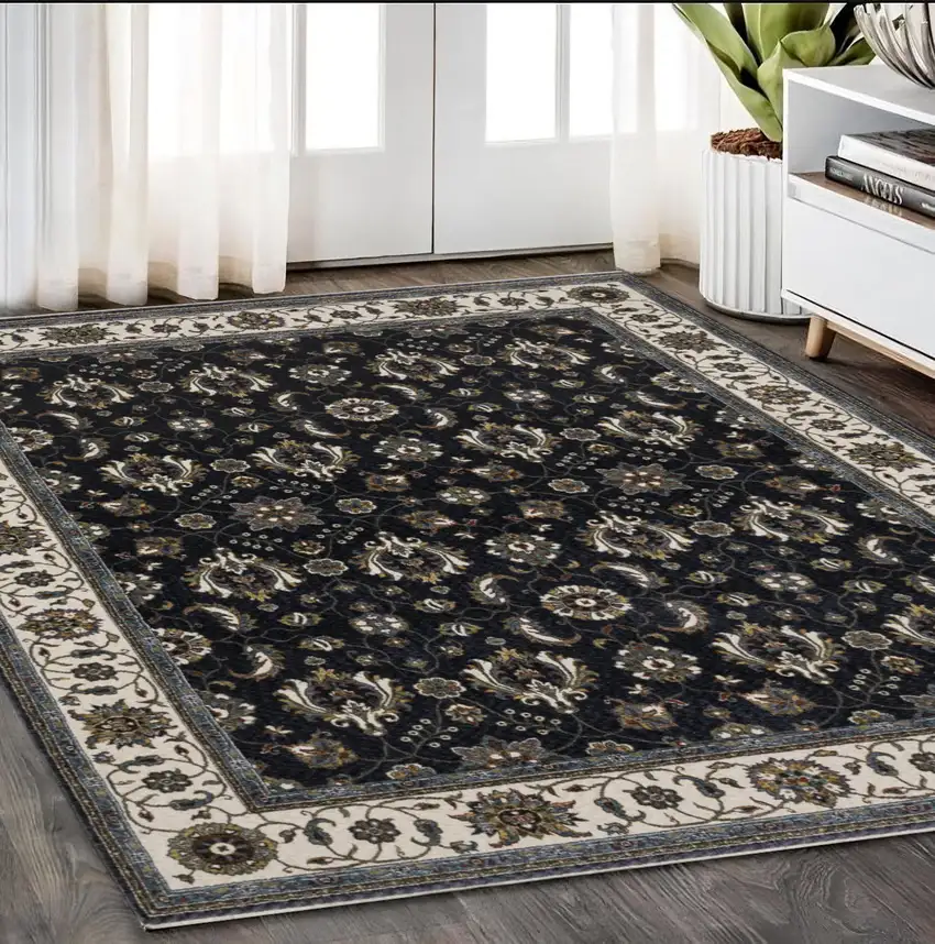 Blue And Ivory Oriental Area Rug With Fringe Photo 1