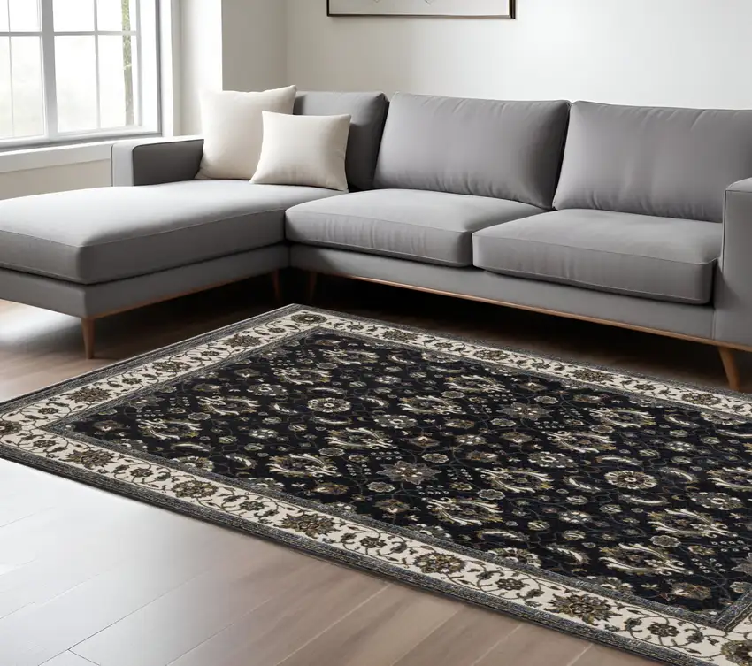 Blue And Ivory Oriental Area Rug With Fringe Photo 1