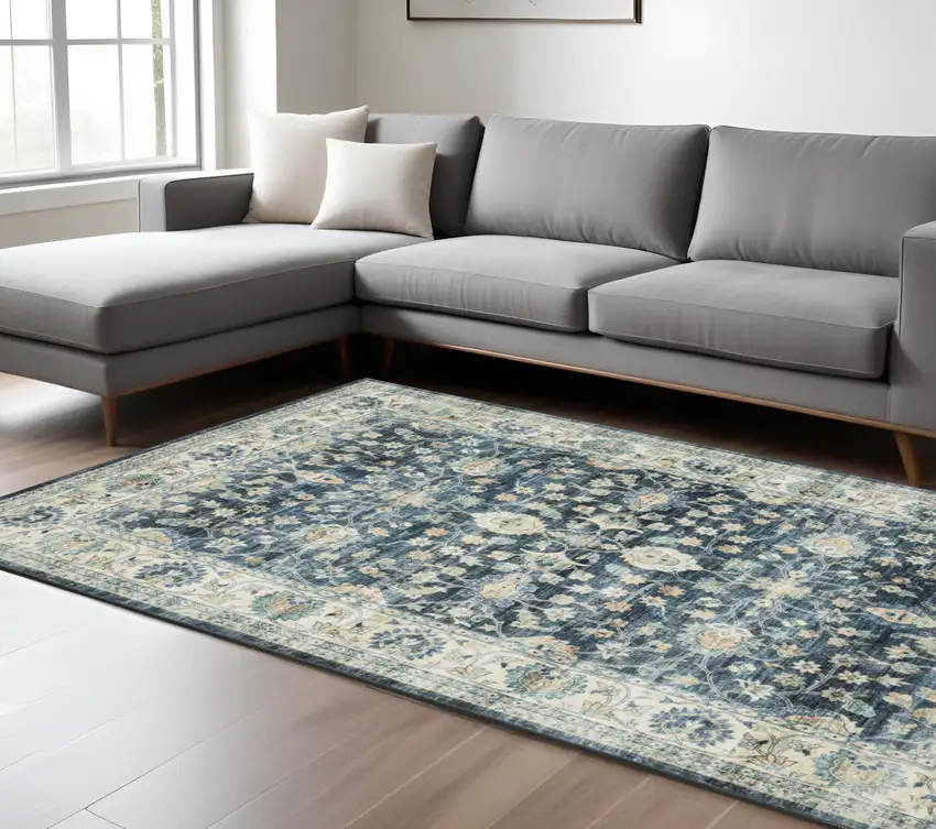 Blue And Ivory Oriental Distressed Area Rug Photo 1