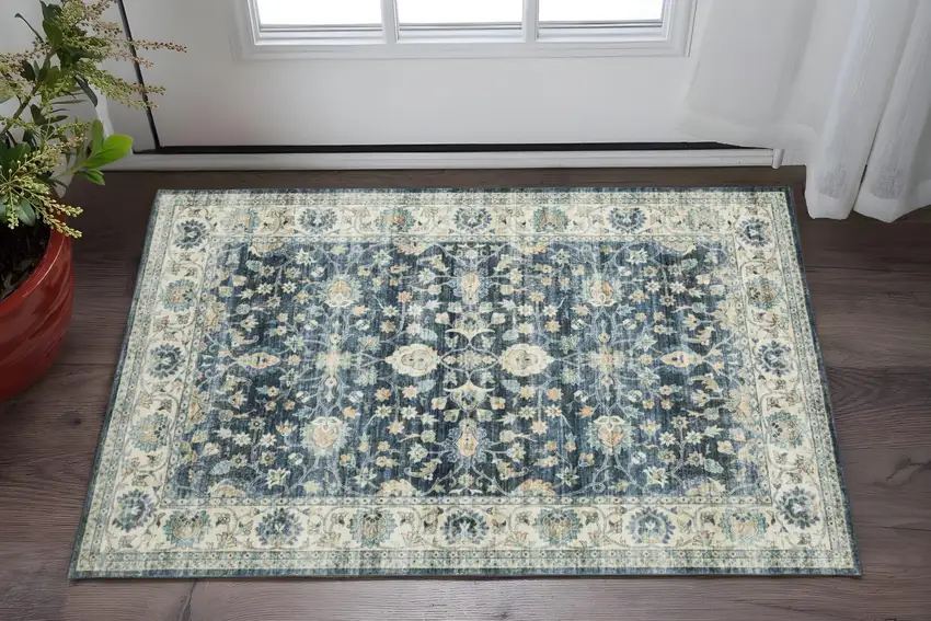 Blue And Ivory Oriental Distressed Area Rug Photo 1