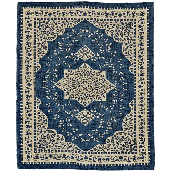 Blue And Ivory Oriental Hand Woven Area Rug Photo 2