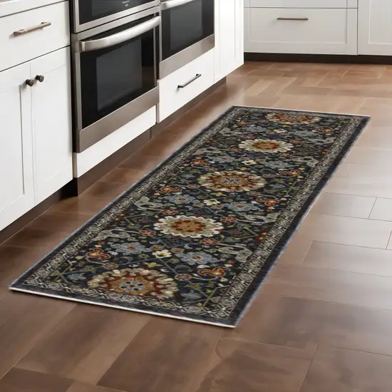 2' X 8' Blue And Ivory Oriental Power Loom Runner Rug With Fringe Photo 1