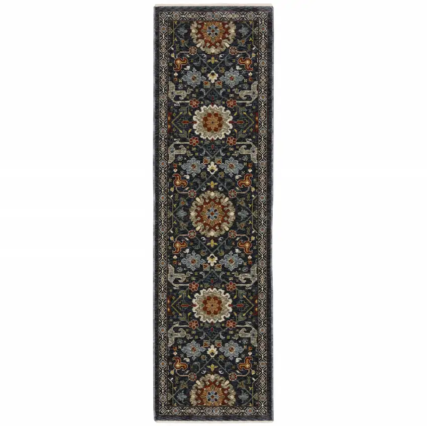 Blue And Ivory Oriental Power Loom Runner Rug With Fringe Photo 1