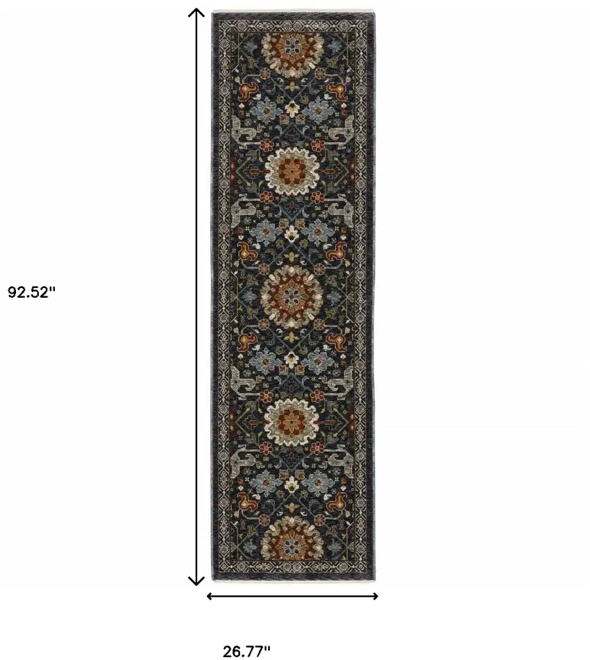 2' X 8' Blue And Ivory Oriental Power Loom Runner Rug With Fringe Photo 3