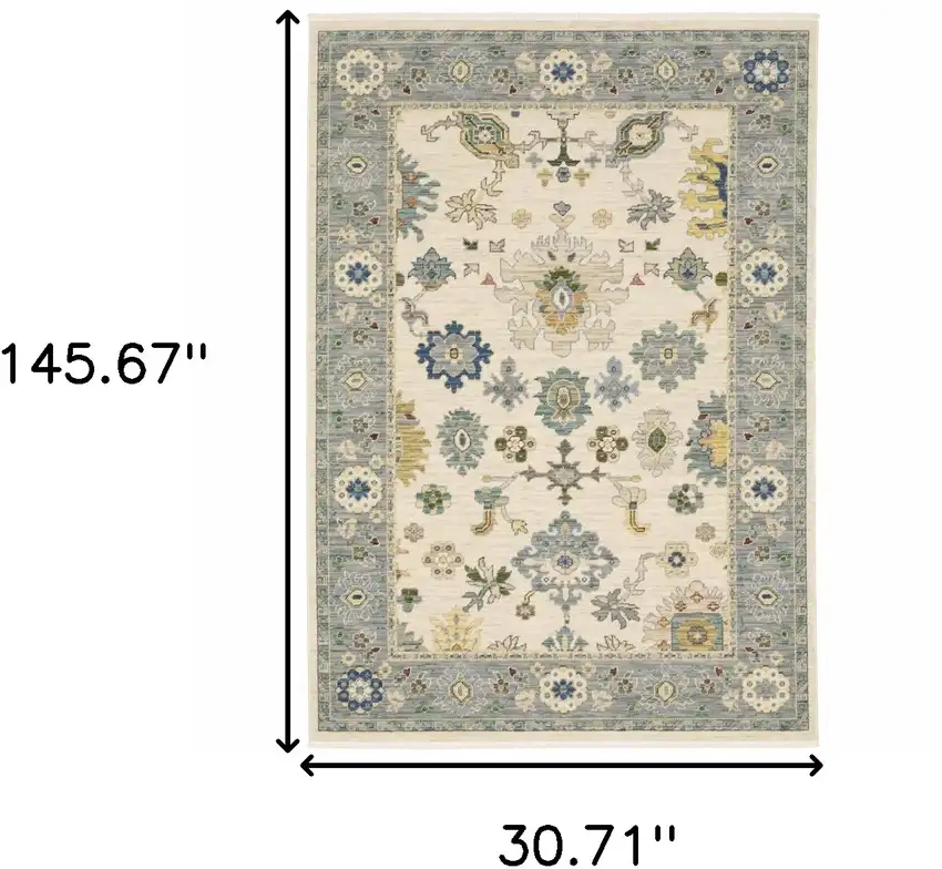 Blue And Ivory Oriental Power Loom Runner Rug With Fringe Photo 7