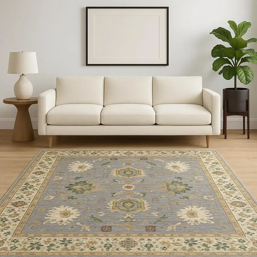 Blue And Ivory Oriental Power Loom Stain Resistant Area Rug With Fringe Photo 1