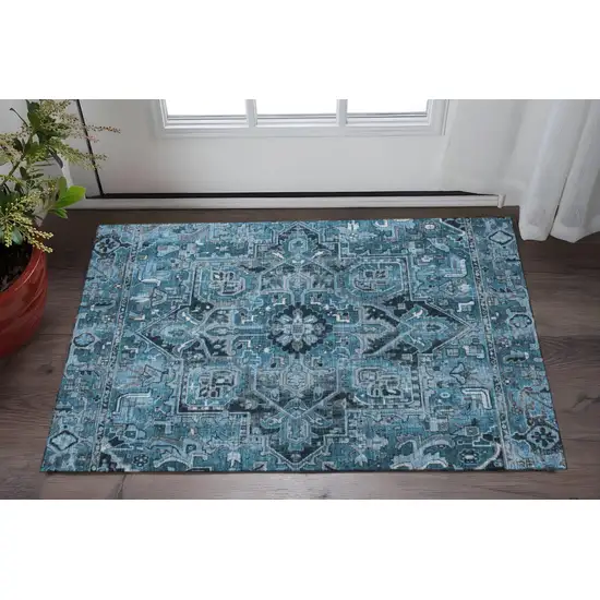 Blue And Ivory Oriental Washable Area Rug With UV Protection Photo 2