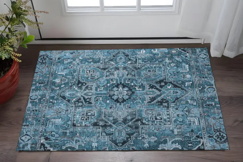 Blue And Ivory Oriental Washable Area Rug With UV Protection Photo 2