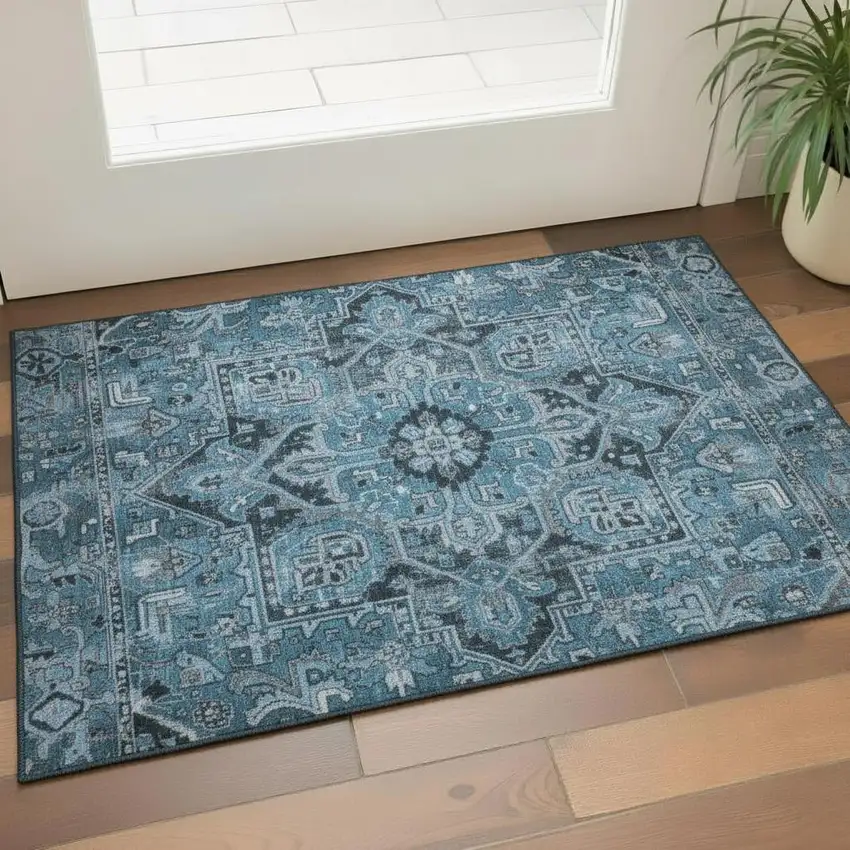 Blue And Ivory Oriental Washable Area Rug With UV Protection Photo 1