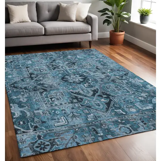 Blue And Ivory Oriental Washable Area Rug With UV Protection Photo 2