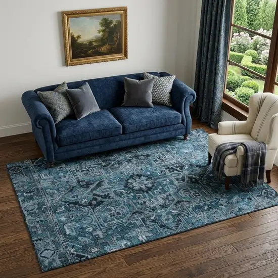 Blue And Ivory Oriental Washable Area Rug With UV Protection Photo 1