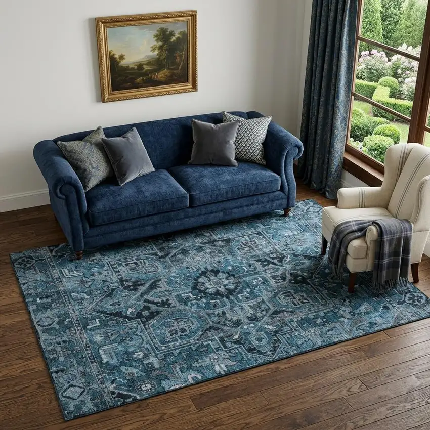 Blue And Ivory Oriental Washable Area Rug With UV Protection Photo 1