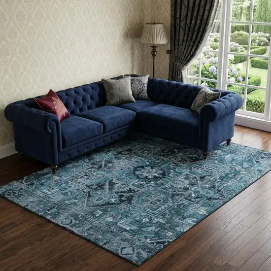 Blue And Ivory Oriental Washable Area Rug With UV Protection Photo 1