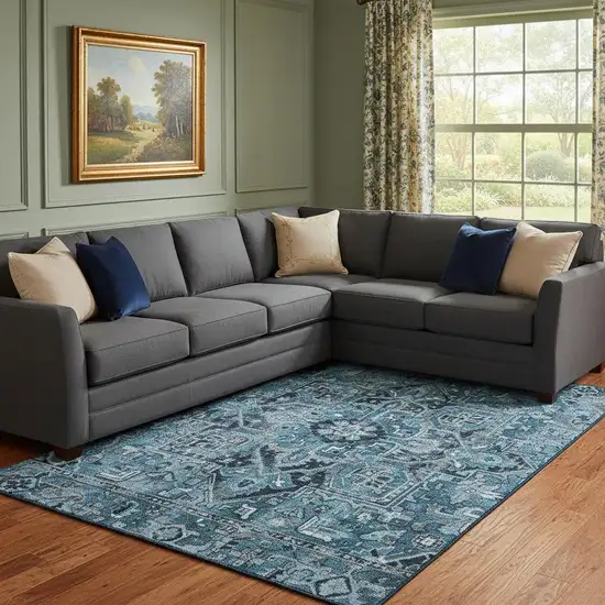 Blue And Ivory Oriental Washable Area Rug With UV Protection Photo 1