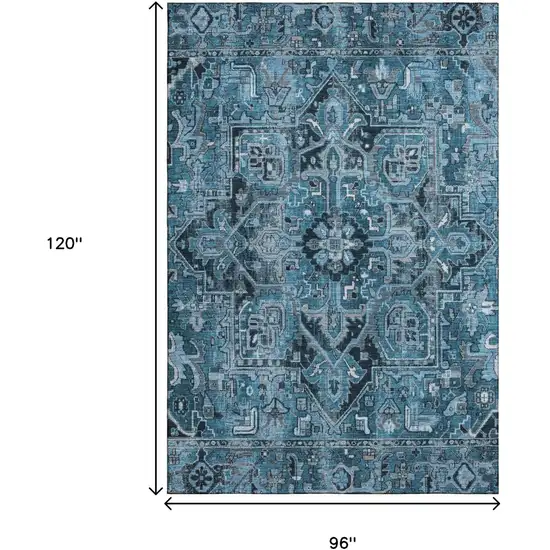 Blue And Ivory Oriental Washable Area Rug With UV Protection Photo 3