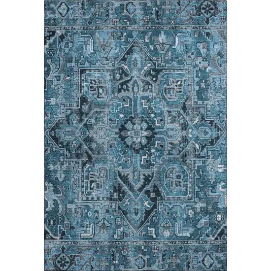 Blue And Ivory Oriental Washable Area Rug With UV Protection Photo 1