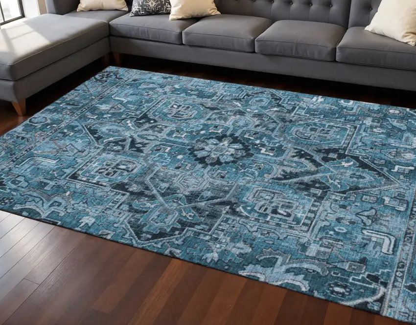 Blue And Ivory Oriental Washable Area Rug With UV Protection Photo 2
