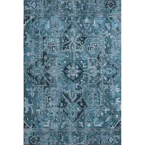 Photo of Blue And Ivory Oriental Washable Area Rug With UV Protection