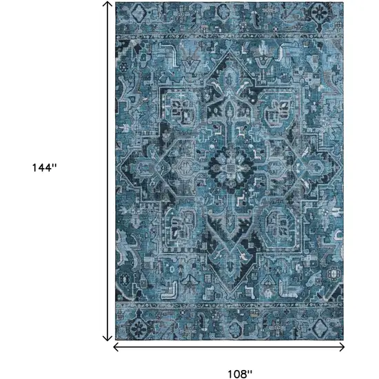 Blue And Ivory Oriental Washable Area Rug With UV Protection Photo 3