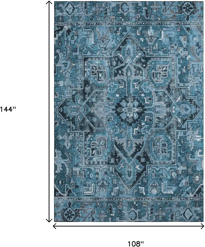 Blue And Ivory Oriental Washable Area Rug With UV Protection Photo 3