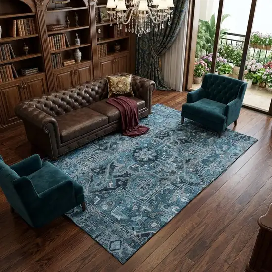 Blue And Ivory Oriental Washable Area Rug With UV Protection Photo 1