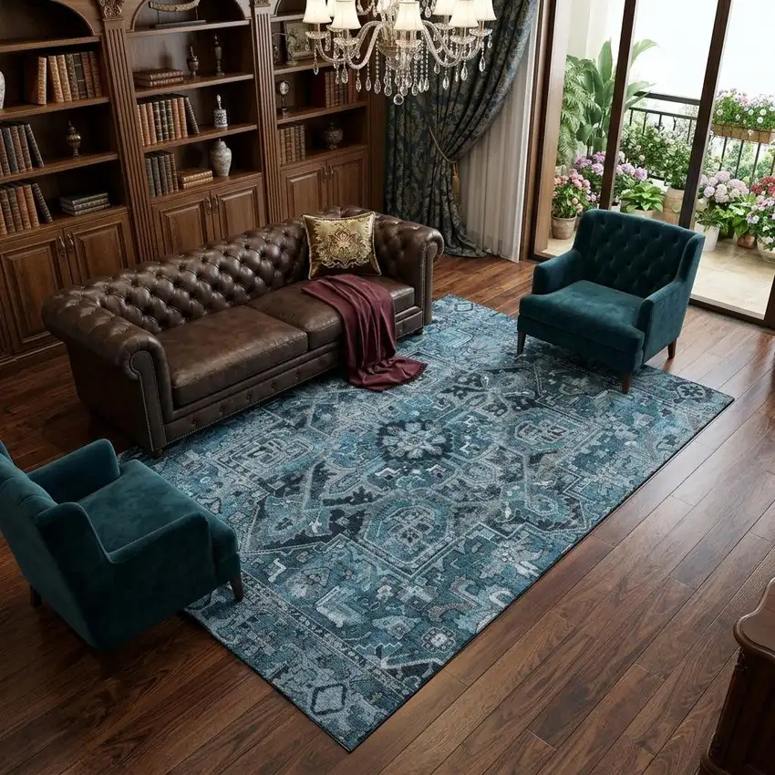 Blue And Ivory Oriental Washable Area Rug With UV Protection Photo 1