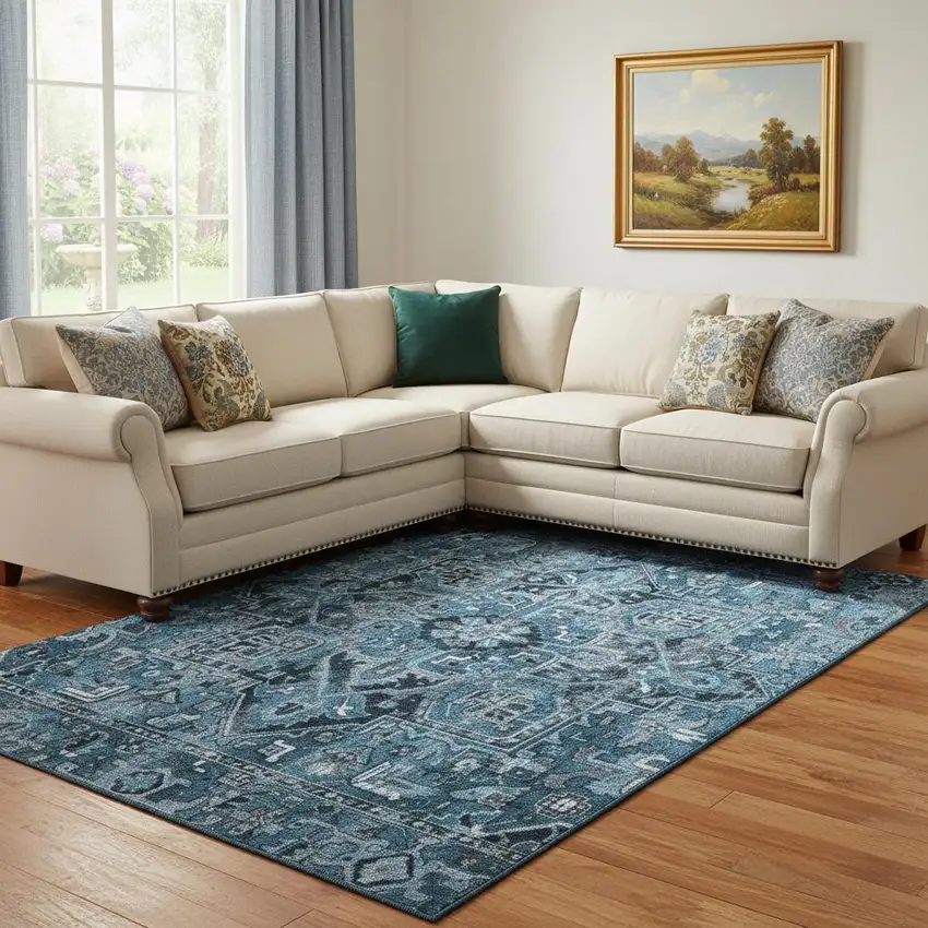 Blue And Ivory Oriental Washable Area Rug With UV Protection Photo 1